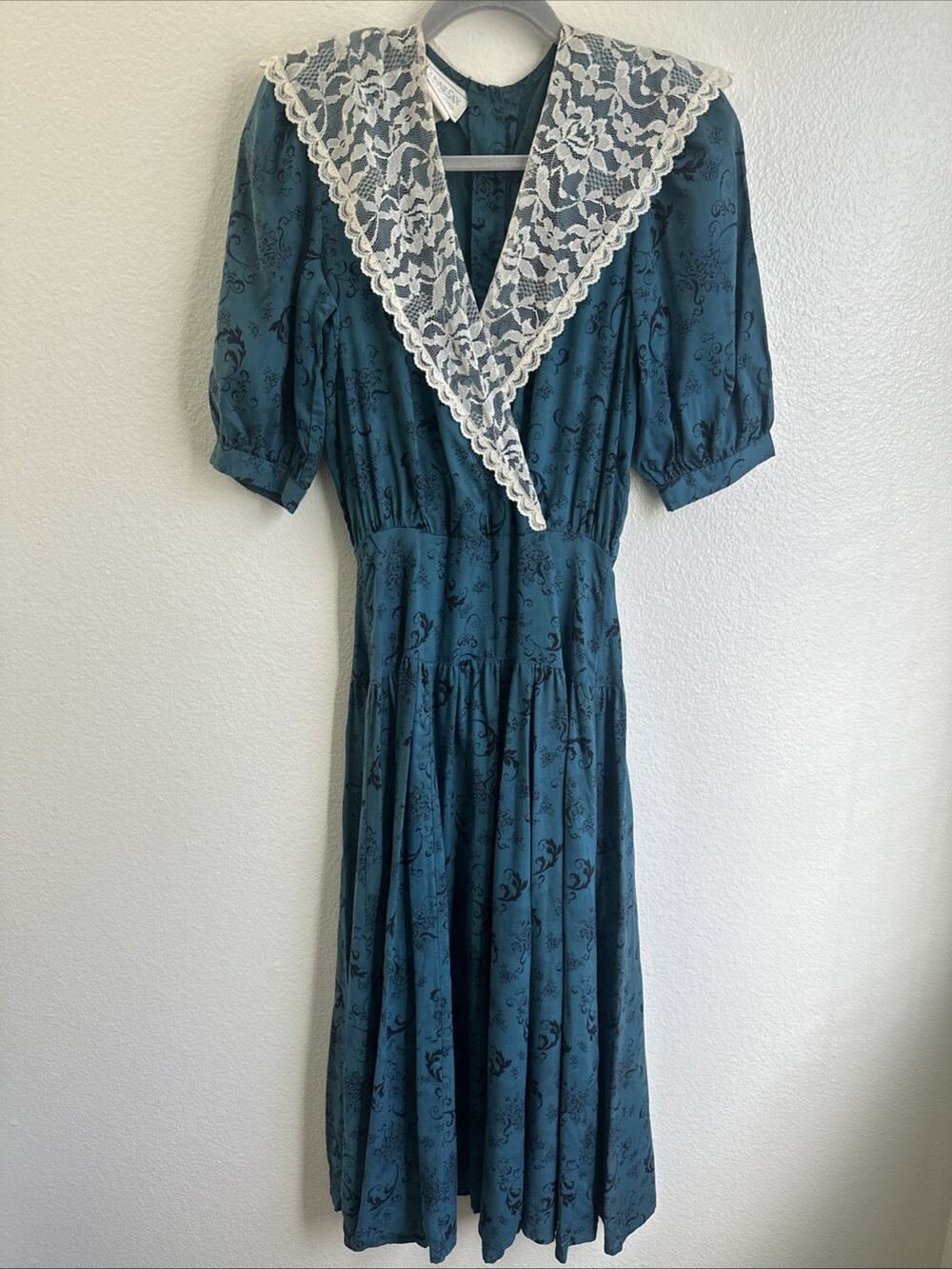 Vintage 80s Gunne Sax Jessica McClintock Teal Lace Collar Midi Dress SZ 5